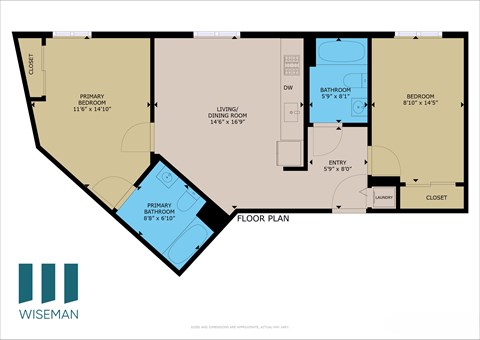 Floor plan for 2 beds, 2 baths, 950 sqft